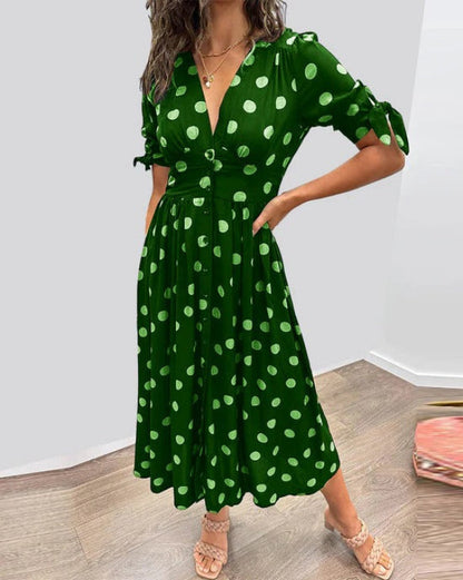 Trendigs Bindemanschetten V-Ausschnitt Midi-Kleid Mit Punkt-Print Design Für Damen | Ideal für Frühling/Sommer