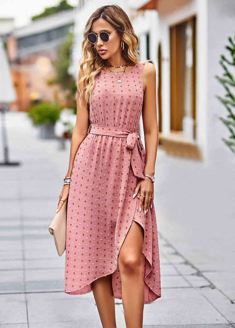 Weichs Pinks Ärmelloses Punkt-Print Midi-Wickelkleid Für Damen | Ideal für Frühling/Sommer