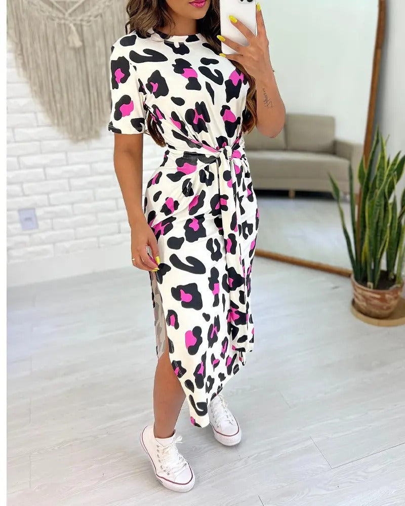 Elegants Leoparden-Print Bindegurt-Midi-Kleid Mit Seitlichem Schlitz Für Damen | Ideal für den Frühling/Sommer