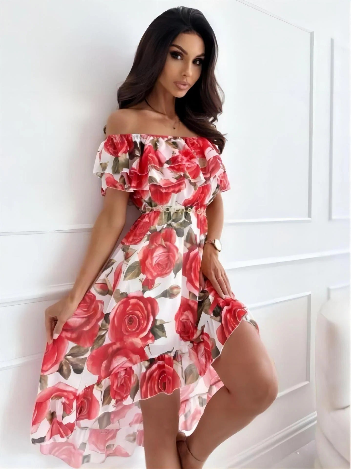 Chic Rots Off-Shoulder Mini-Kleid Mit Blumenprint Für Damen | Ideal für Frühling/Sommer