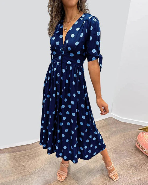 Trendigs Bindemanschetten V-Ausschnitt Midi-Kleid Mit Punkt-Print Design Für Damen | Ideal für Frühling/Sommer