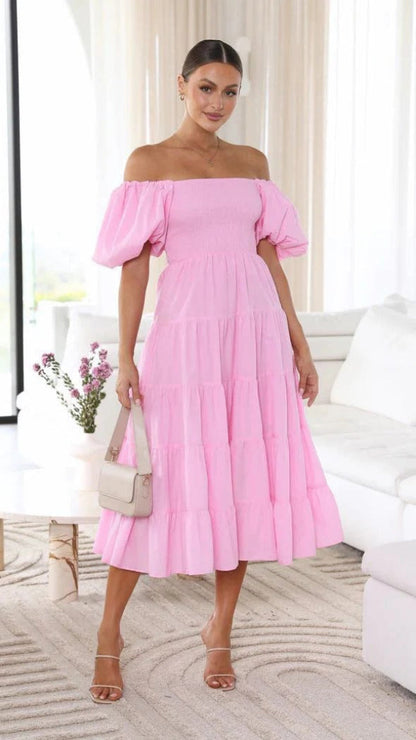 Elegants Pinks Off-Shoulder Midi-Kleid Für Damen | Ideal für Frühling/Sommer