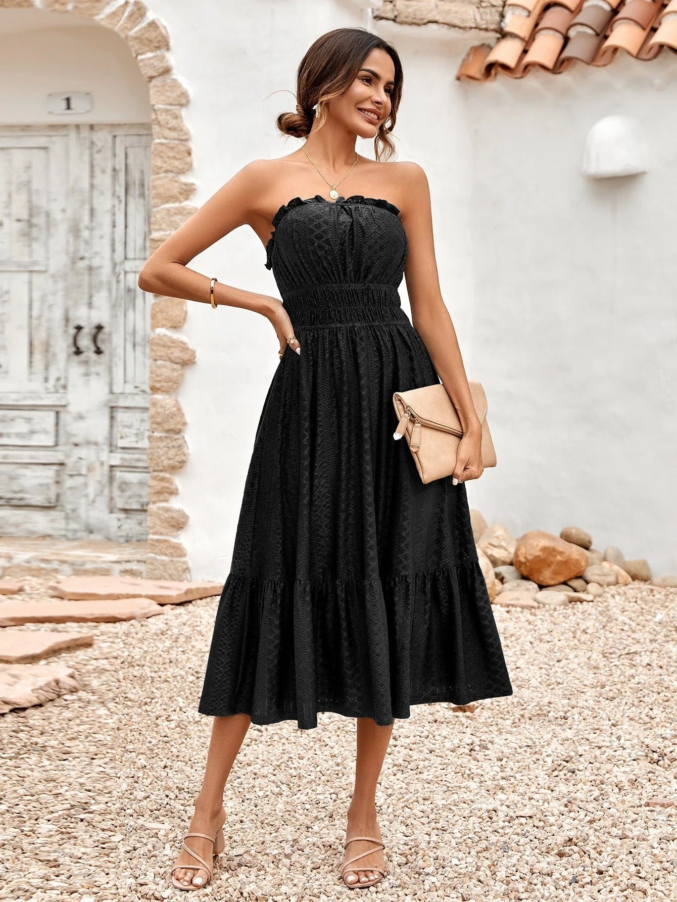 Elegants Schwarzes Trägerloses Midi-Kleid Für Damen | Ideal für Frühling/Sommer