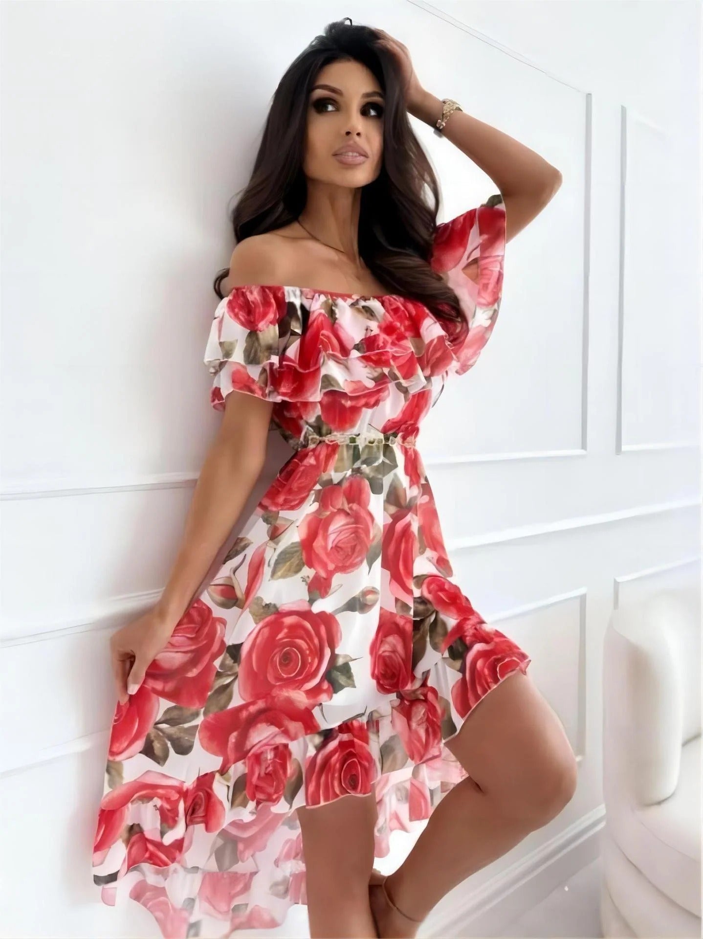 Chic Rots Off-Shoulder Mini-Kleid Mit Blumenprint Für Damen | Ideal für Frühling/Sommer