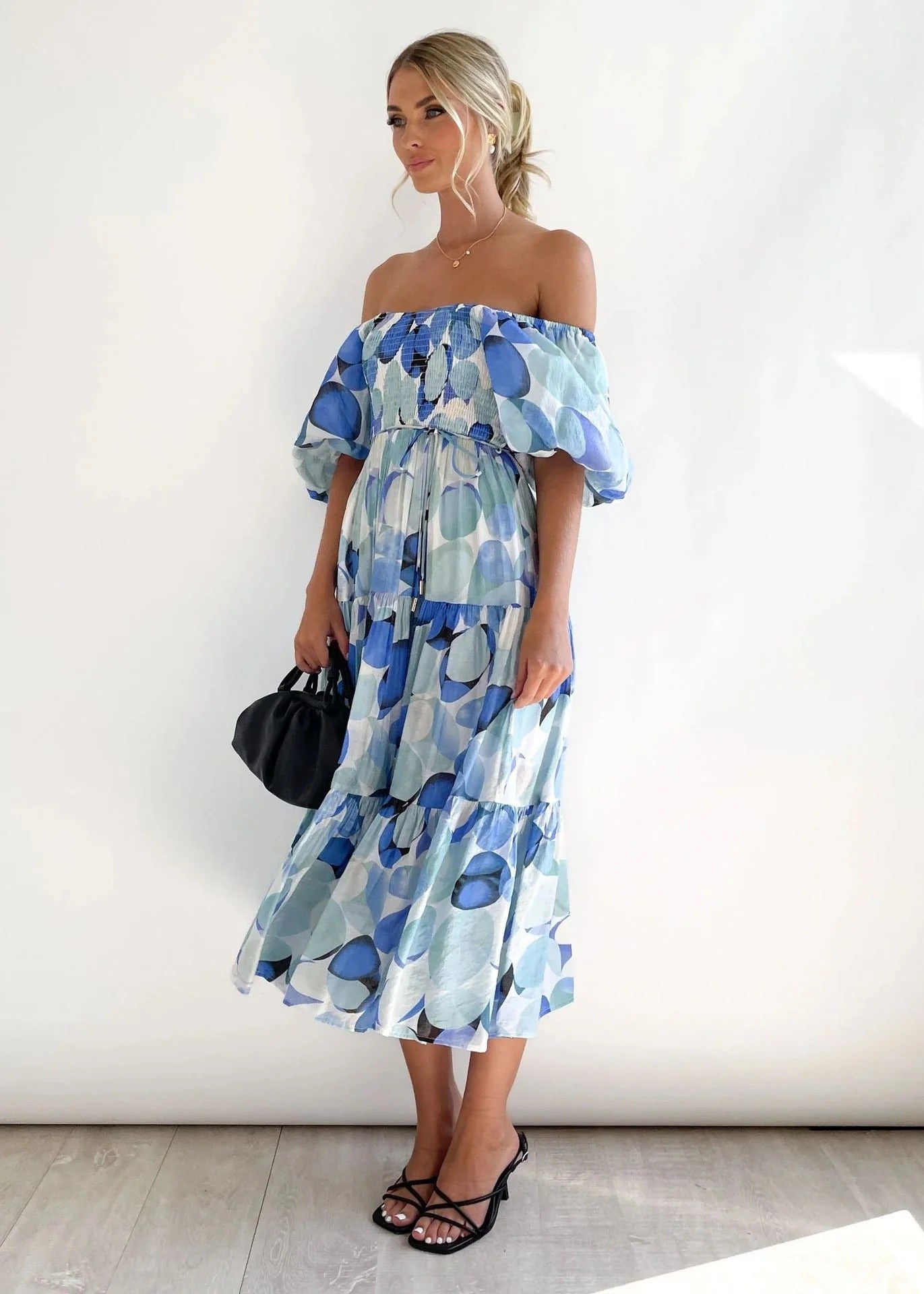 Modischs Off-Shoulder Midi-Kleid Mit Blumenprint Für Damen | Ideal für Frühling/Sommer