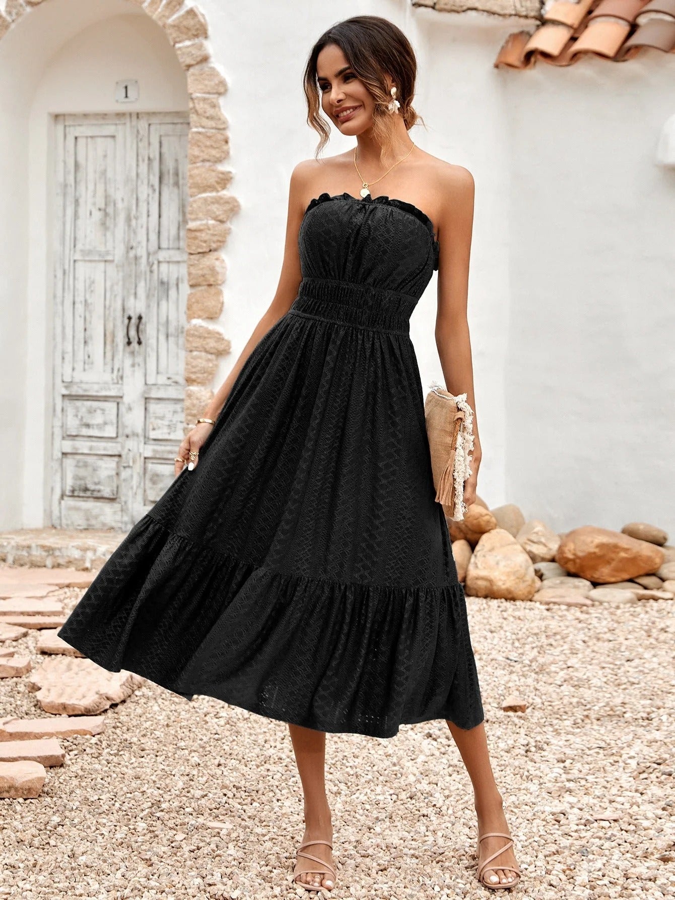 Elegants Schwarzes Trägerloses Midi-Kleid Für Damen | Ideal für Frühling/Sommer