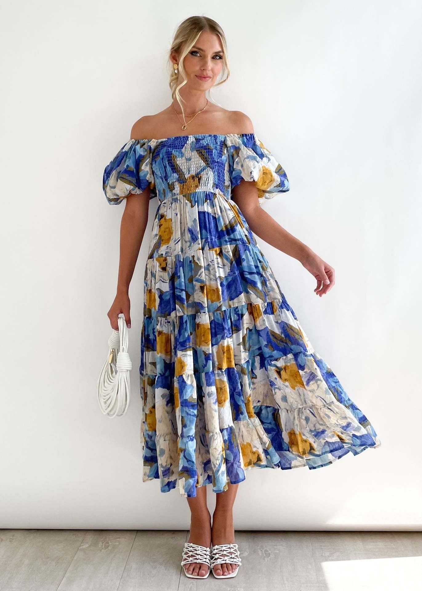 Modischs Off-Shoulder Midi-Kleid Mit Blumenprint Für Damen | Ideal für Frühling/Sommer