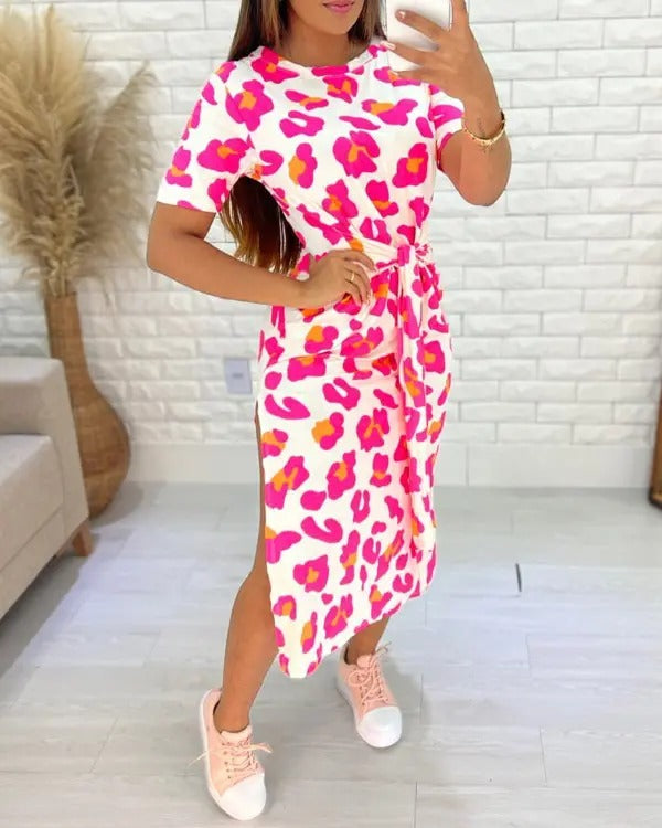 Elegants Leoparden-Print Bindegurt-Midi-Kleid Mit Seitlichem Schlitz Für Damen | Ideal für den Frühling/Sommer