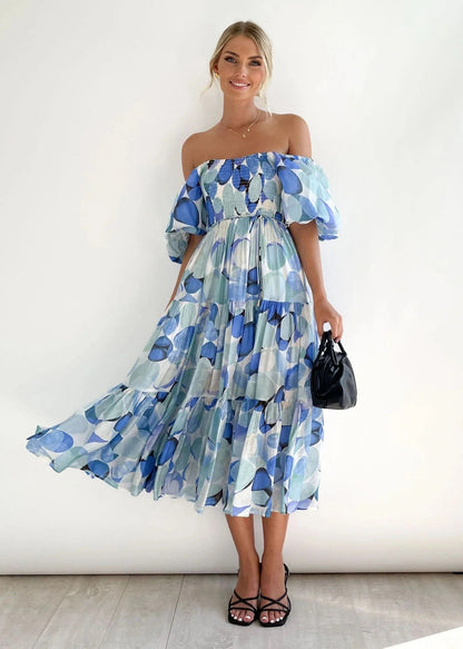 Modischs Off-Shoulder Midi-Kleid Mit Blumenprint Für Damen | Ideal für Frühling/Sommer