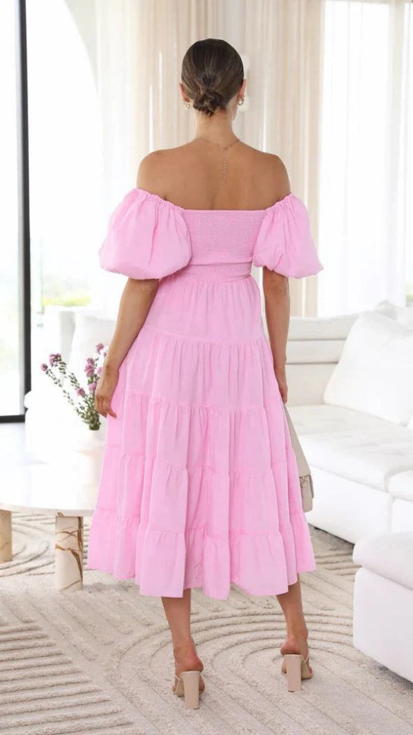 Elegants Pinks Off-Shoulder Midi-Kleid Für Damen | Ideal für Frühling/Sommer