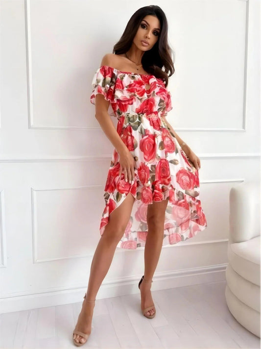 Chic Rots Off-Shoulder Mini-Kleid Mit Blumenprint Für Damen | Ideal für Frühling/Sommer