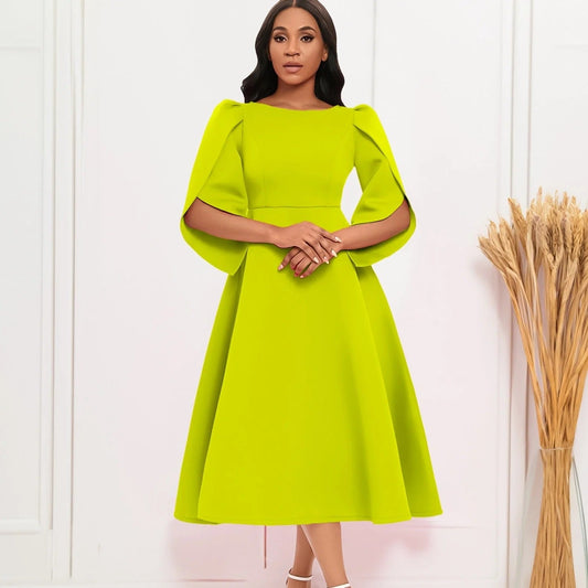 Elegants Limettengrüns A-Linie Kleid Mit Cap-Ärmel Für Damen | Ideal für Frühling/Sommer