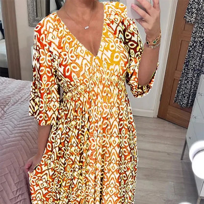 Frida - Langes Sommerkleid mit elastischer Taille – Casual V-Ausschnitt, halblange Ärmel, locker geschnitten, Boho-Print für Damen