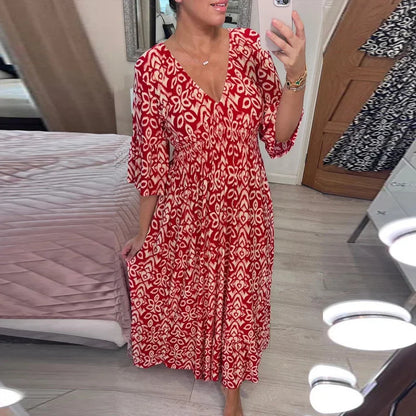 Frida - Langes Sommerkleid mit elastischer Taille – Casual V-Ausschnitt, halblange Ärmel, locker geschnitten, Boho-Print für Damen