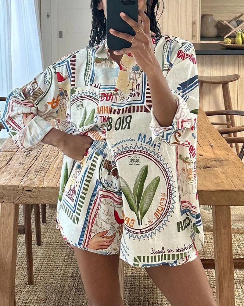 Trendig Boho Langarm Bluse Und Kurze Hose Zweiteiliges Set Für Damen | Ideal für den Sommer