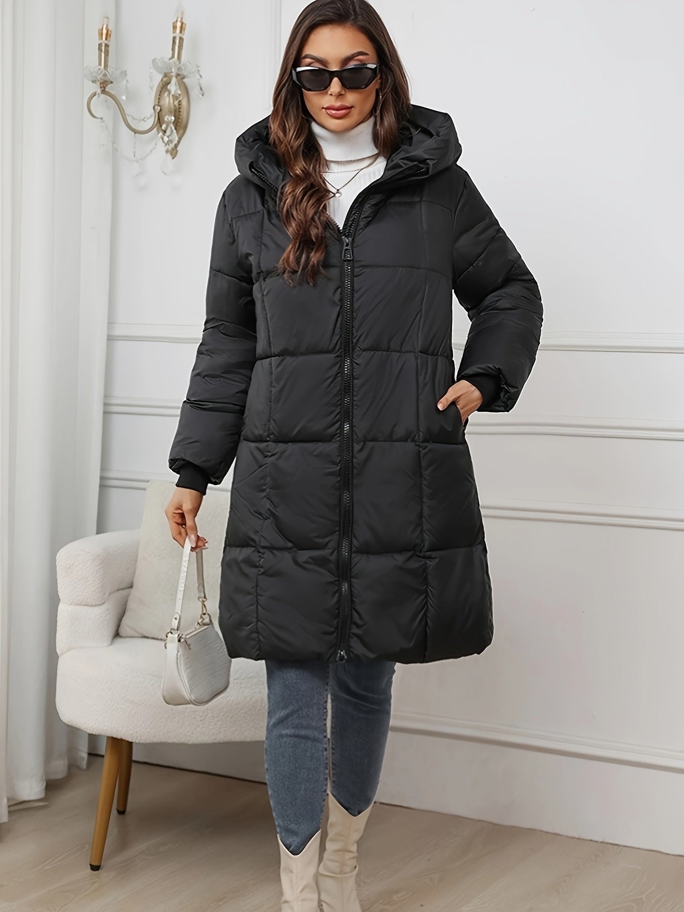 Warme Puffer Winterjacke mit Kapuze und Reißverschluss für Damen | Ideal für den Winter